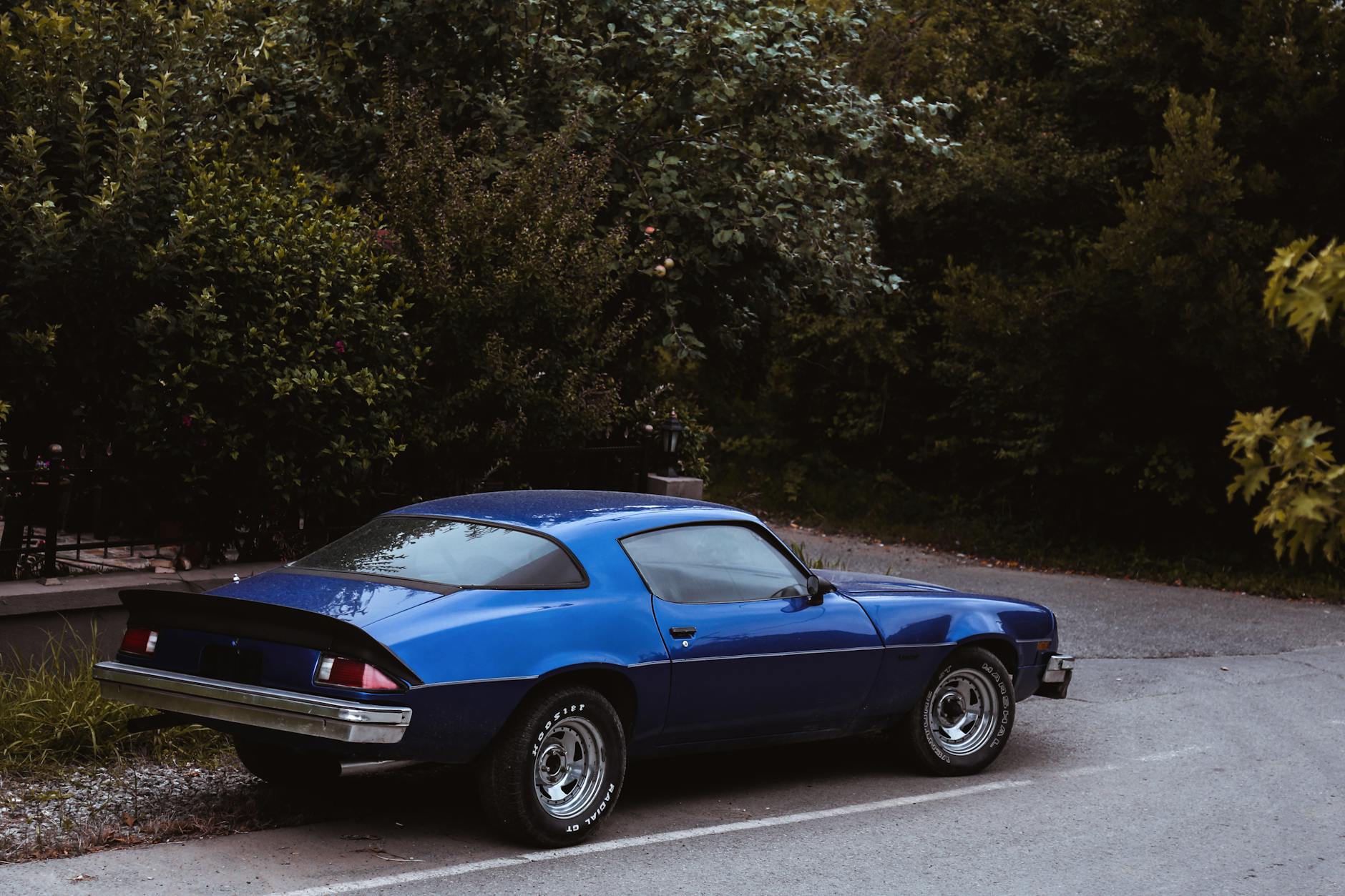 Niebieski klasyczny sportowy samochód zaparkowany przy ulicy wśród zieleni