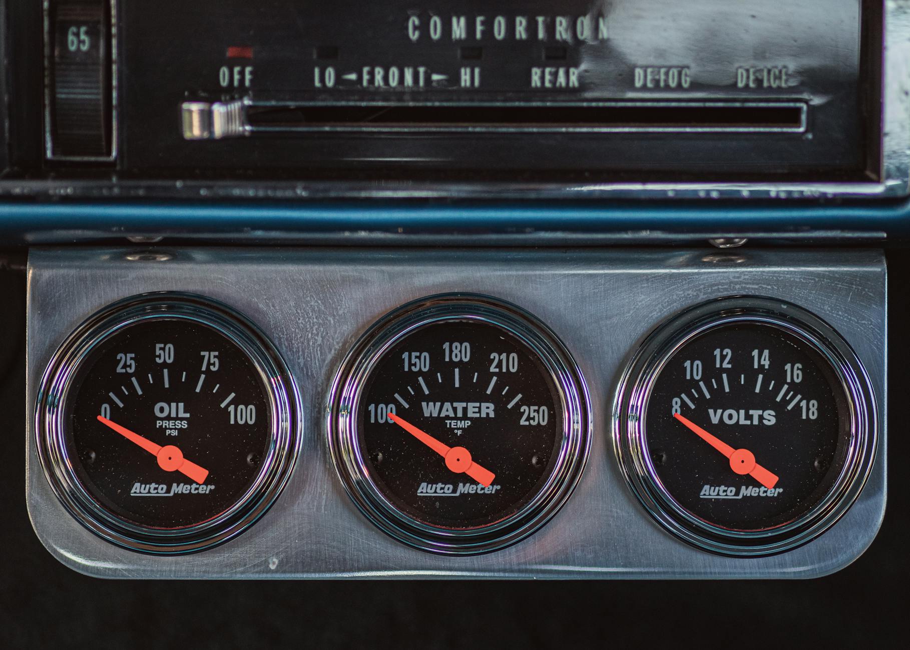 Zbliżenie klasycznego zegara kontrolnego na desce rozdzielczej auta